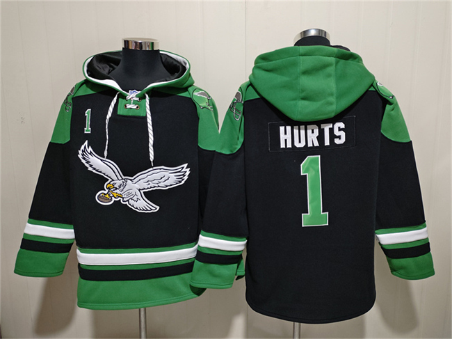 Men's Black Philadelphia Eagles #1 Jalen Hurts Ageless Must-Have Lace-Up Pullover Hoodie